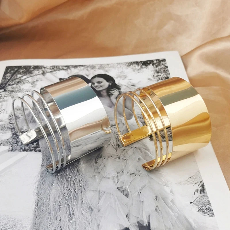 Gold Wide Cuff Bangle – Open Wire Wrap Bracelet for Women