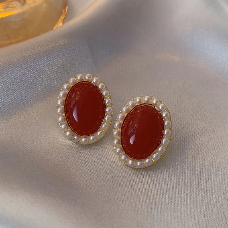 Wine Red Pearl Flower Heart Stud Earrings – Vintage Women’s Geometric Jewelry