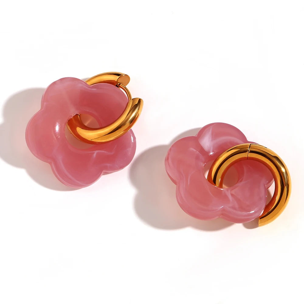 Colorful Resin Flower Hoop Earrings – Waterproof Stainless Steel Women’s Jewelry