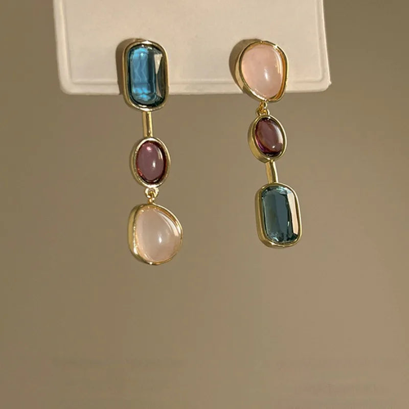 Asymmetric Colorful Resin Dangle Earrings – Retro Geometric Women’s Jewelry