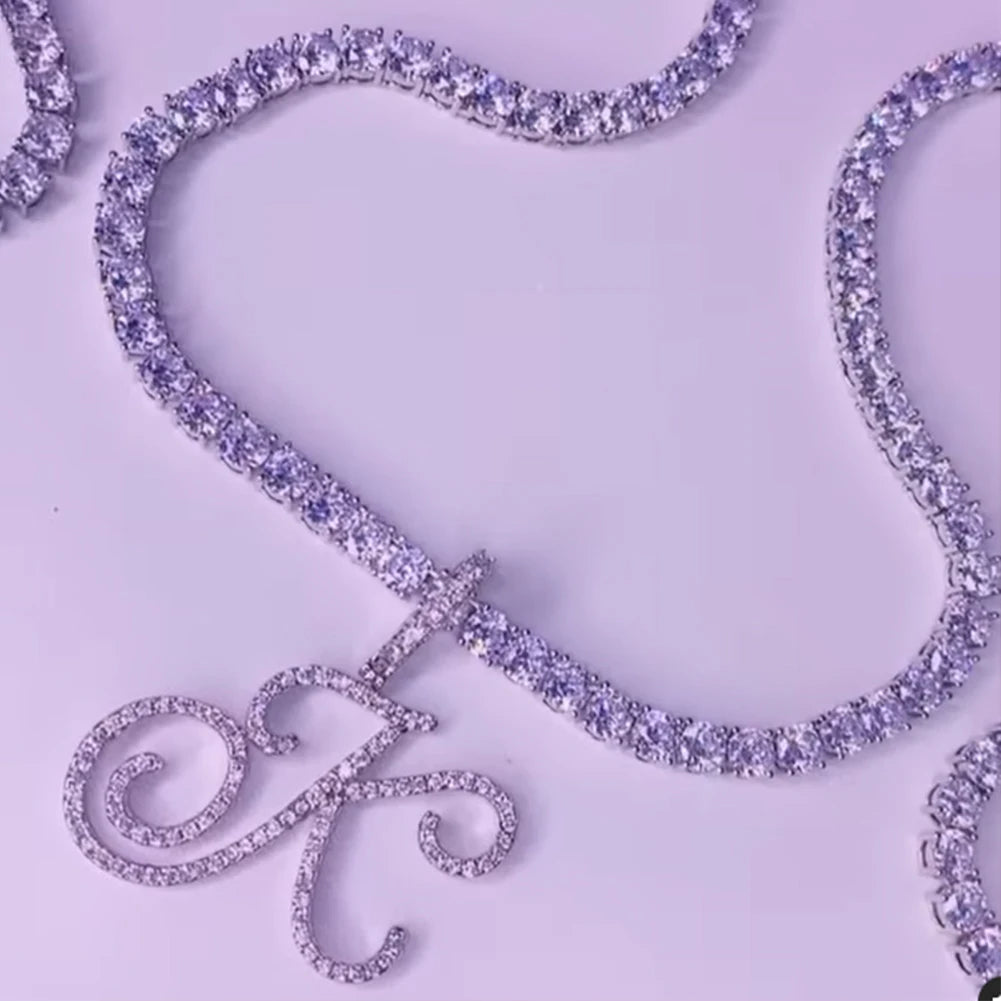 Cursive Letter Name Necklace – CZ Alphabet Pendant Hip Hop Jewelry