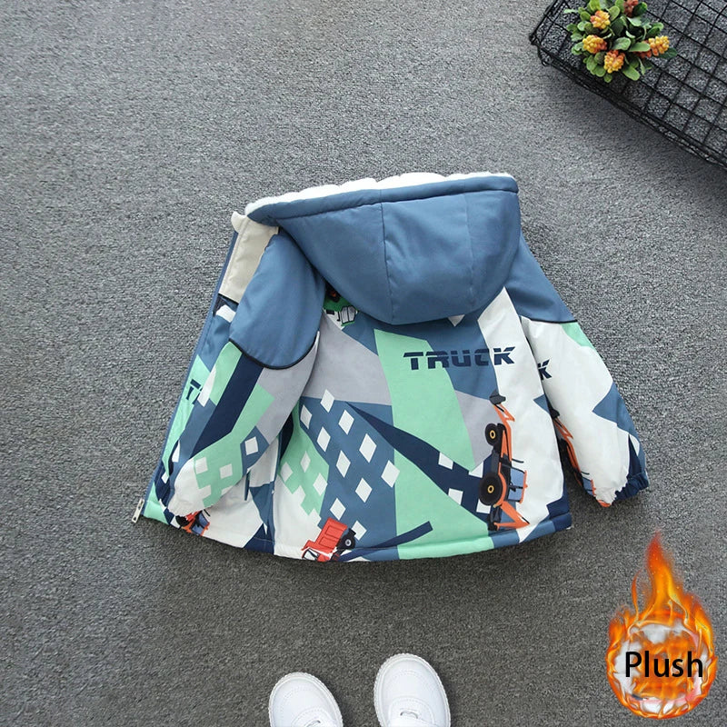 2025 Boys Cotton Coat – Kids Cartoon Car Print Hooded Warm Winter Parka Outerwear