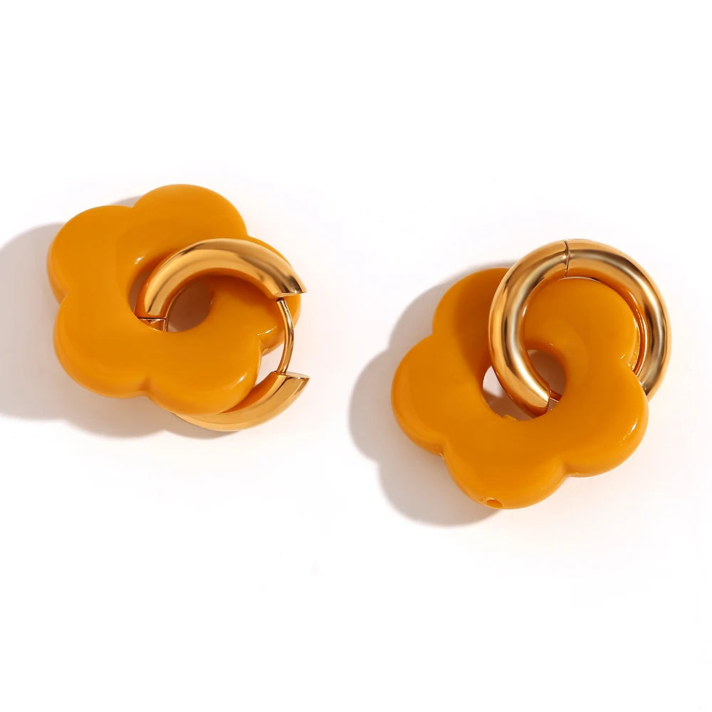 Colorful Resin Flower Hoop Earrings – Waterproof Stainless Steel Women’s Jewelry