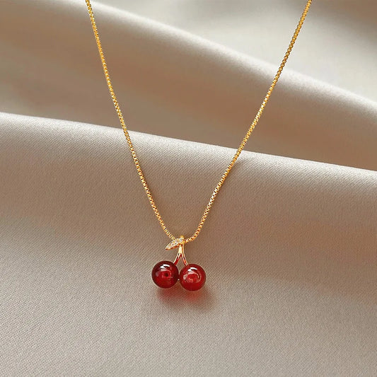 Gold Stainless Steel Wine Red Cherry Pendant Necklace – Fashion Jewelry for Women