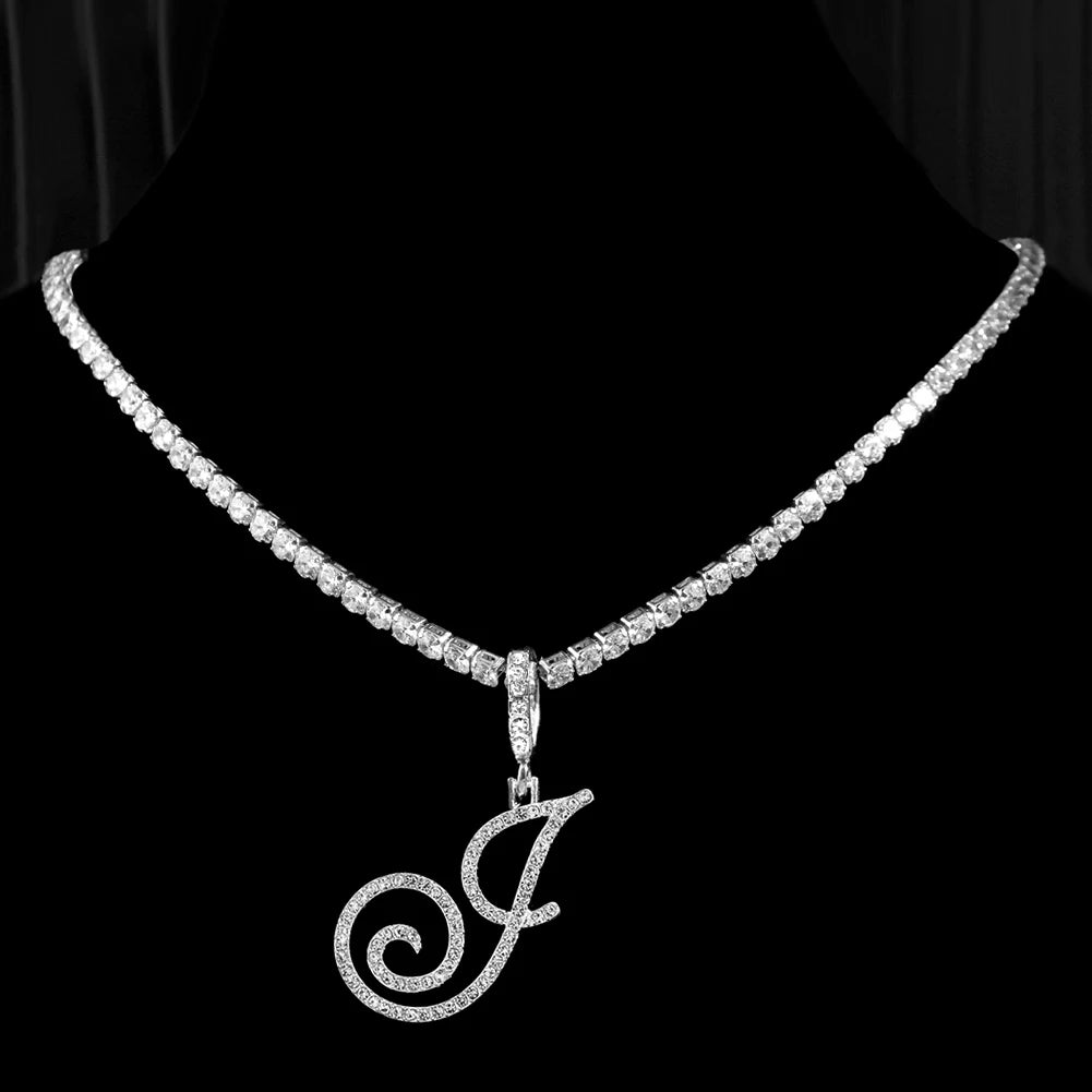 Cursive Letter Name Necklace – CZ Alphabet Pendant Hip Hop Jewelry
