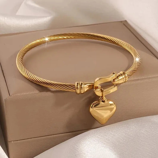 18K Gold Stainless Steel Heart Charm Bangle – Unisex Bracelet