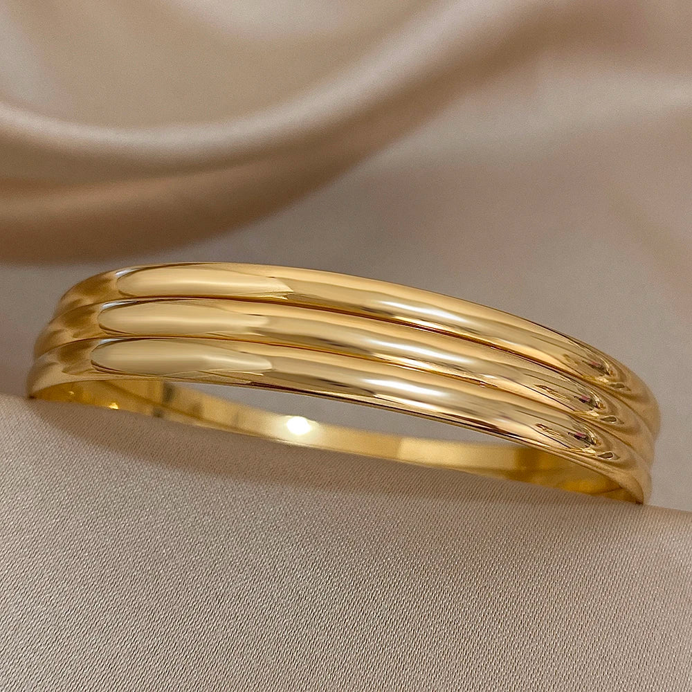 3pcs 18K Gold Plated Stainless Steel Minimalist Bangle Set – Waterproof Jewelry for Women