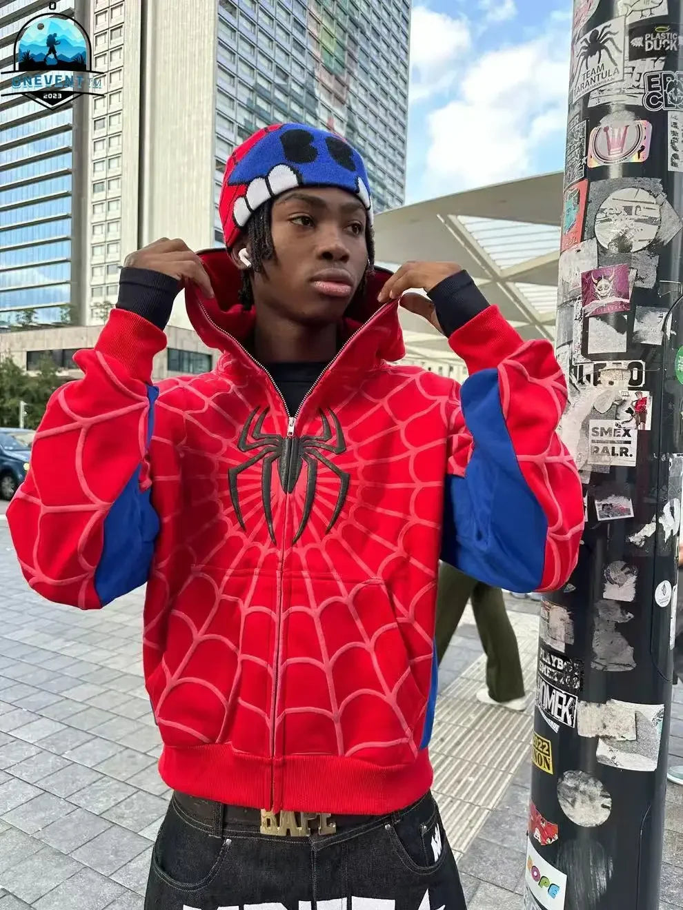 Y2K Red Spider Web Hoodie – Foam Print Harajuku Punk Grunge Zip-Up Sweatshirt for Women.