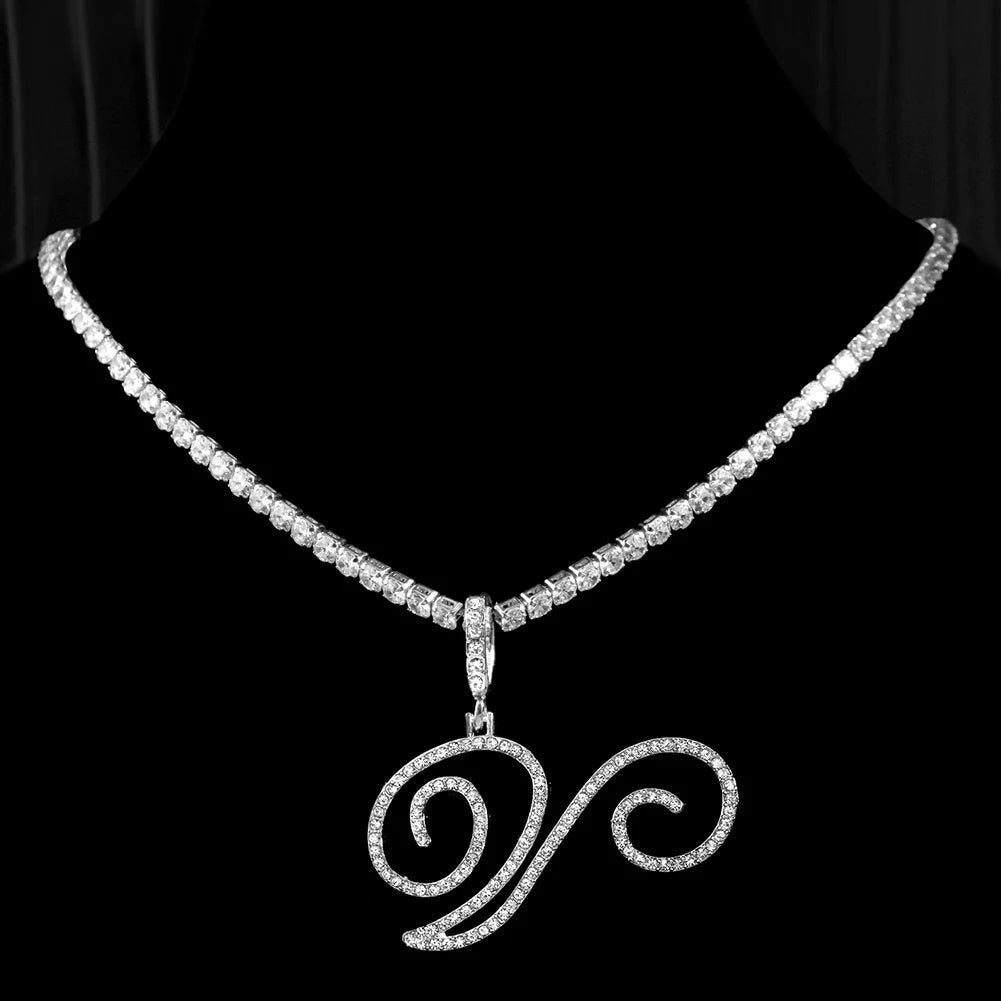 Cursive Letter Name Necklace – CZ Alphabet Pendant Hip Hop Jewelry