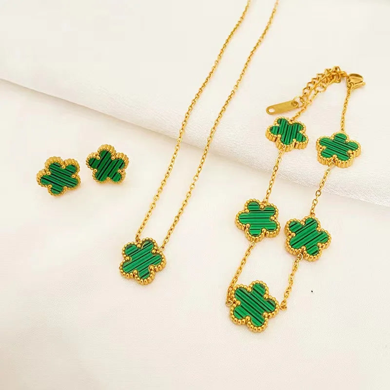 3-Piece Stainless Steel Plum Blossom Jewelry Set – Necklace, Bracelet & Earrings for Women