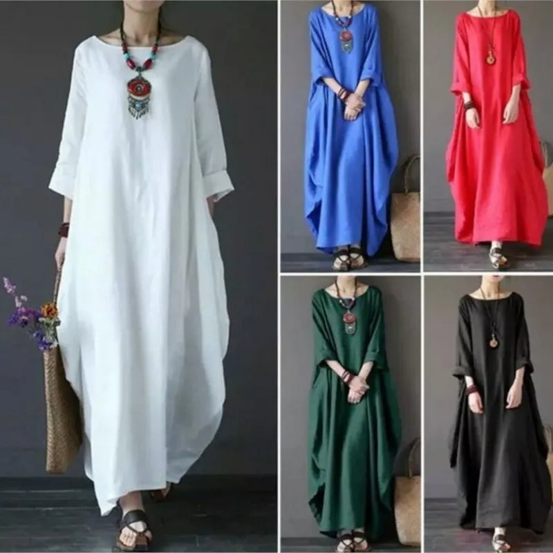 Vintage Cotton Linen Maxi Dress – Loose Fit & Summer Style