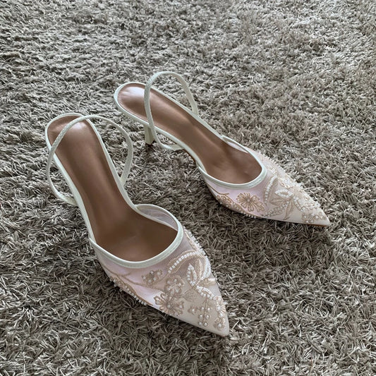 Mesh Embroidered High Heels – Sexy Summer 2025 Slingback Pointed Toe Dress Sandals for Women