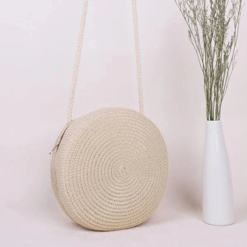 Round Straw Woven Beach Crossbody Bag – Cute Rattan Shoulder Handbag for Women