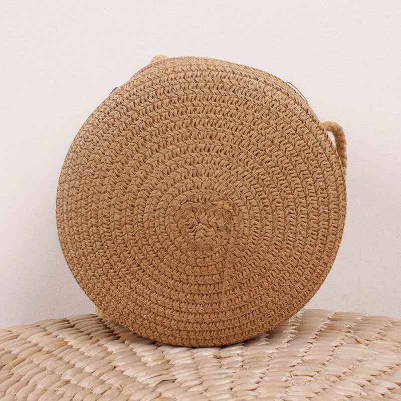 Round Straw Woven Beach Crossbody Bag – Cute Rattan Shoulder Handbag for Women