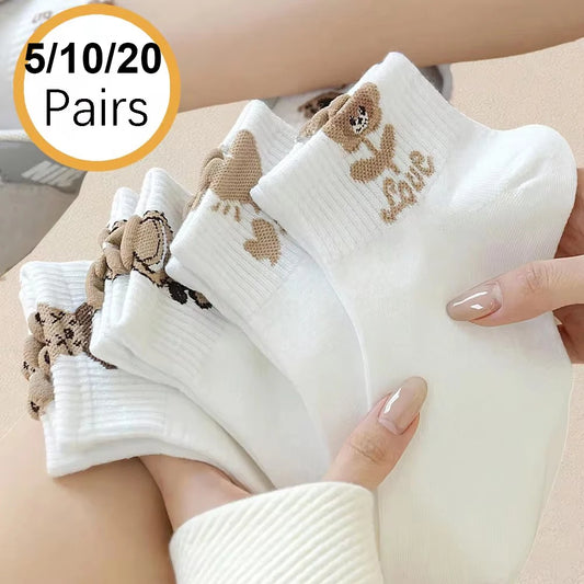 Cartoon Teddy Bear Ankle Socks – 5/10/20 Pairs Breathable & Cute