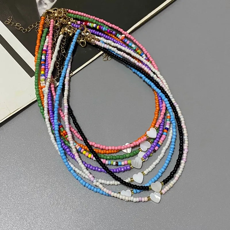 Nature Shell Love Heart Choker Necklace – Colorful Glass Beads Spring Summer Gift for Girls
