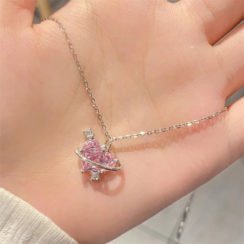 Y2K Pink Planet Heart Zircon Pendant Necklace – Aesthetic Clavicle Jewelry for Women