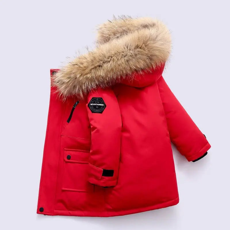 Winter Boys Hooded Jacket – Warm Thicken Fur Collar Zipper Outerwear 5–14Y