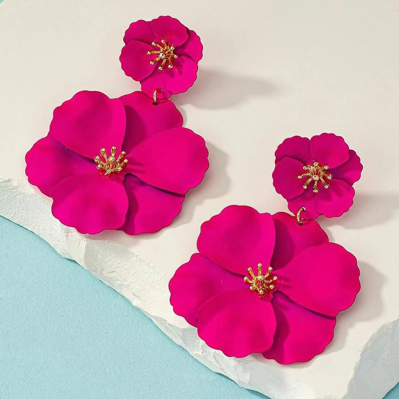 Fuchsia Flower Drop Earrings – Gold Plated Bridal & Holiday Jewelry