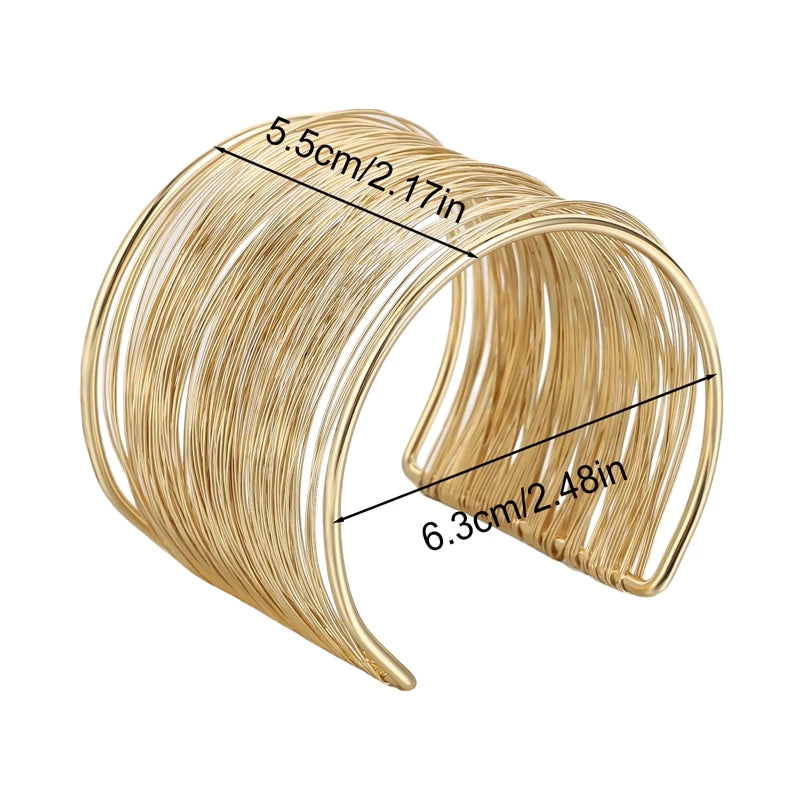 Gold Wide Cuff Bangle – Open Wire Wrap Bracelet for Women