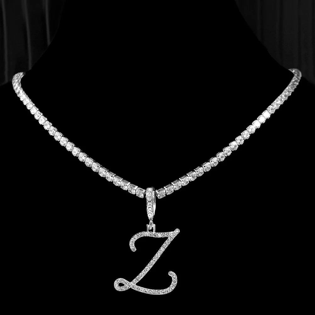 Cursive Letter Name Necklace – CZ Alphabet Pendant Hip Hop Jewelry