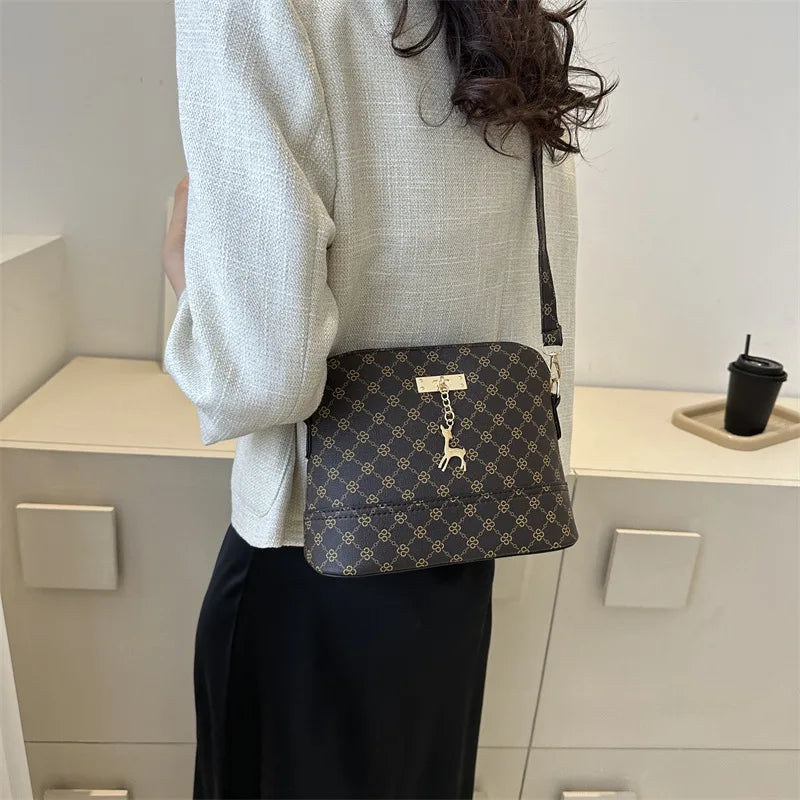 PU Leather Shoulder Bag – Small Shell Crossbody with Deer Pendant for Women