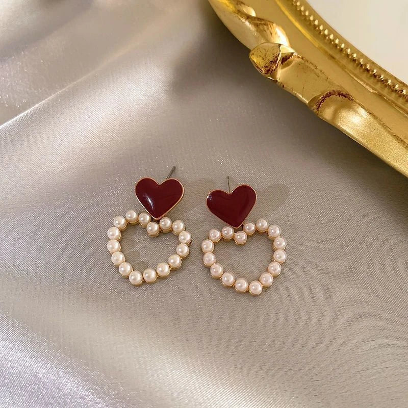 Wine Red Pearl Flower Heart Stud Earrings – Vintage Women’s Geometric Jewelry