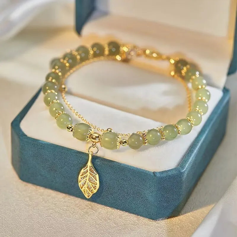 Chinese Style Green Jade Double Chain Bracelet – Gold Leaf W  rist Bangle for Women