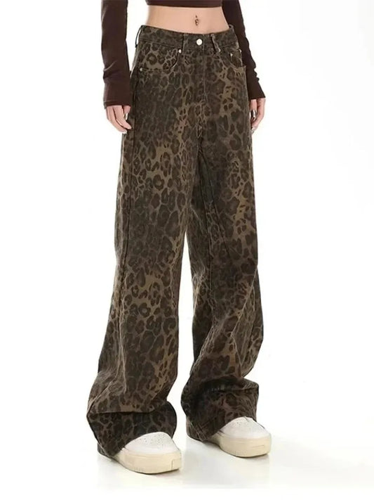 Leopard Print Wide Leg Jeans – Oversized Vintage Streetwear