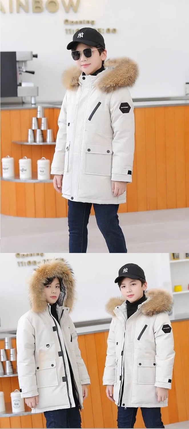 Winter Boys Hooded Jacket – Warm Thicken Fur Collar Zipper Outerwear 5–14Y