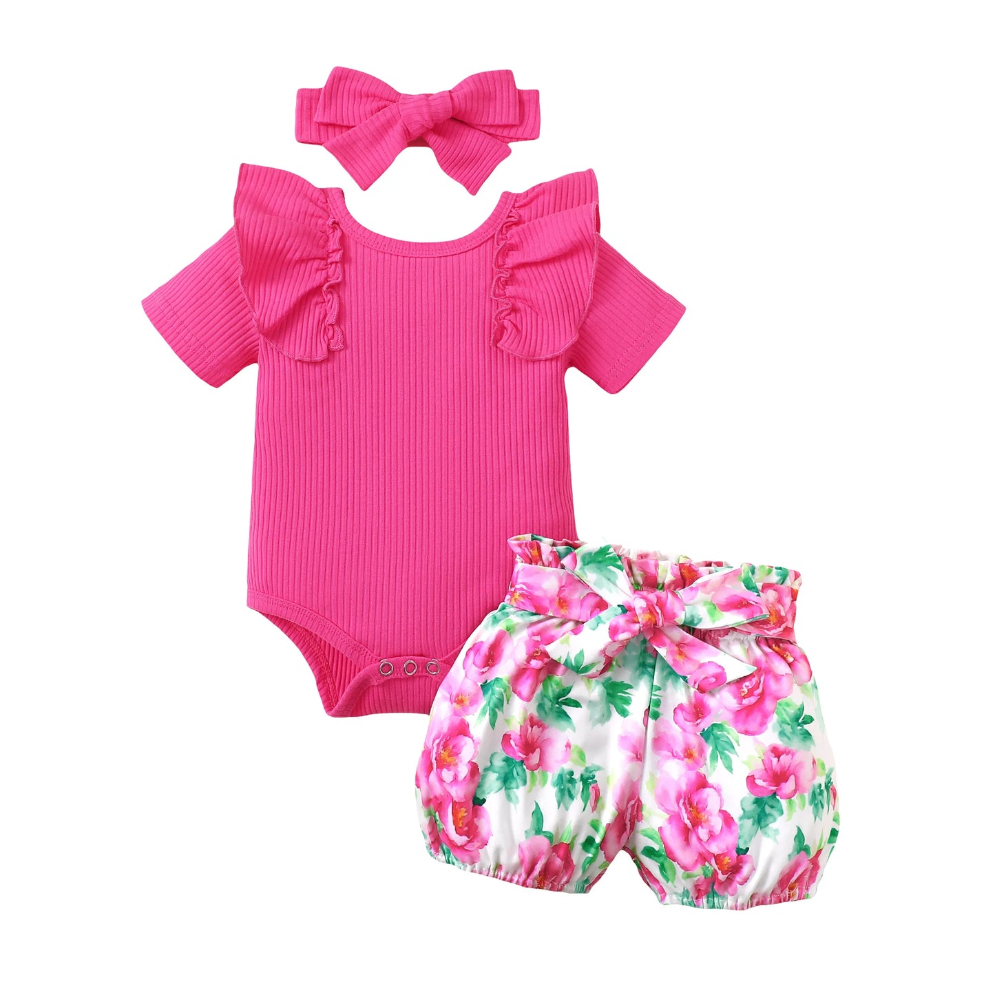 Fashion Summer Newborn Baby Girl 3-Piece Set – Ruffle Jumpsuit, Floral Shorts & Headband