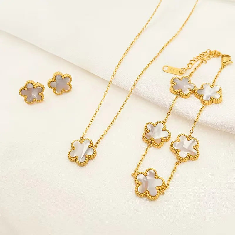 3-Piece Stainless Steel Plum Blossom Jewelry Set – Necklace, Bracelet & Earrings for Women