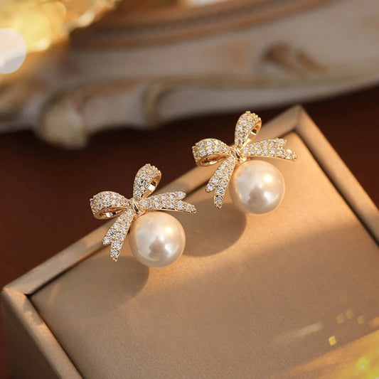 Bow Pearl Diamond Stud Earrings – Elegant Women’s Silver Needle Jewelry