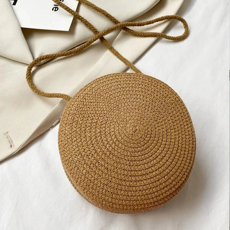 Round Straw Woven Beach Crossbody Bag – Cute Rattan Shoulder Handbag for Women