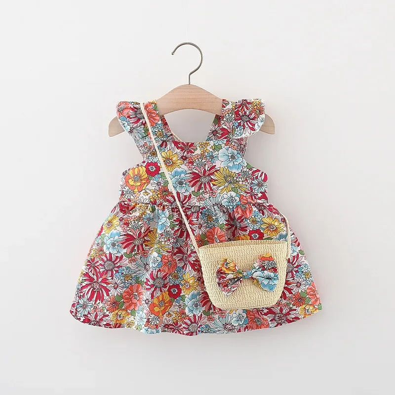 Baby Girl Floral Dress – Ruffled Halter A-Line with Bag (0–3 Yrs)