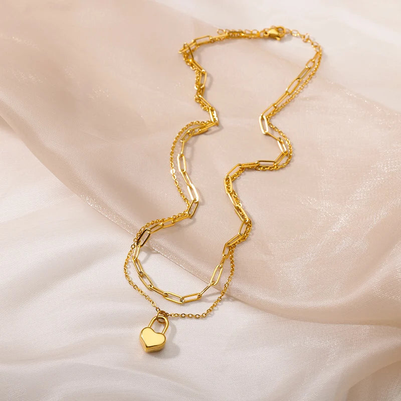 316L Stainless Steel Multilayer Heart Necklace – Gold Goth Clavicle Choker for Women