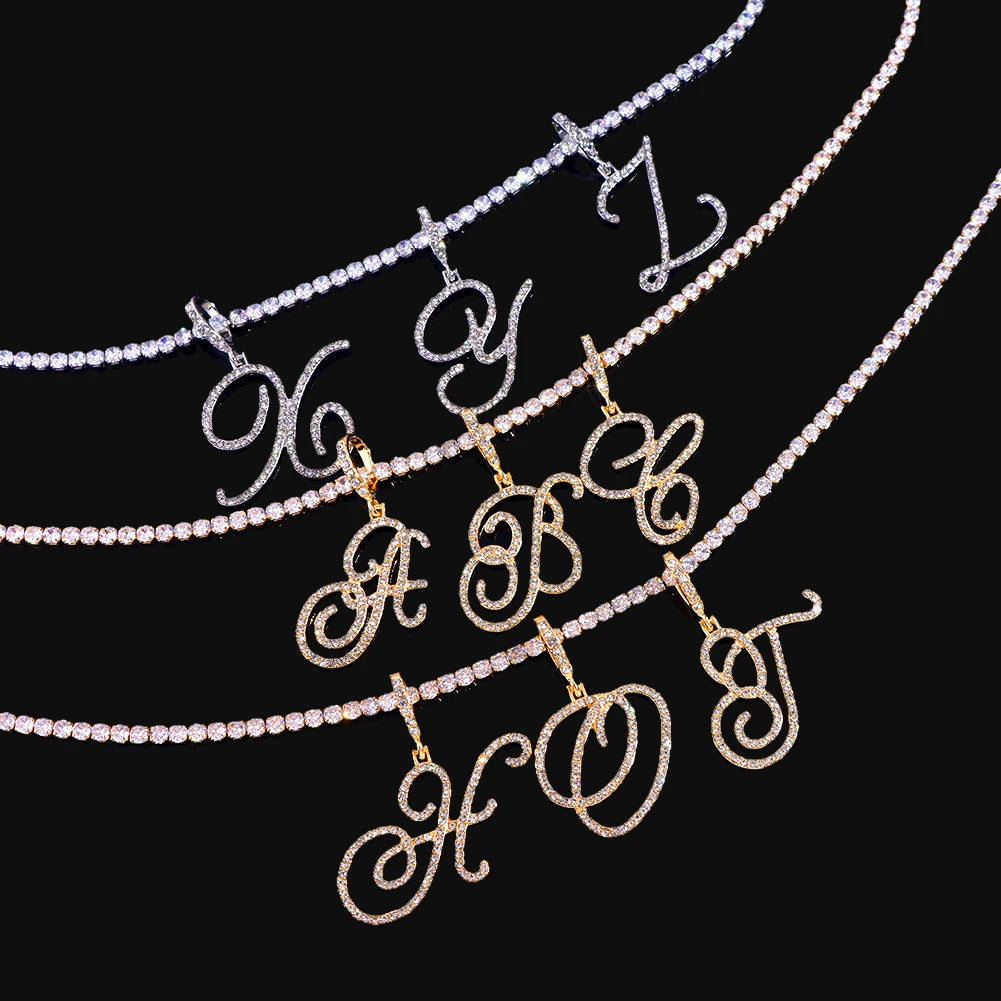 Cursive Letter Name Necklace – CZ Alphabet Pendant Hip Hop Jewelry