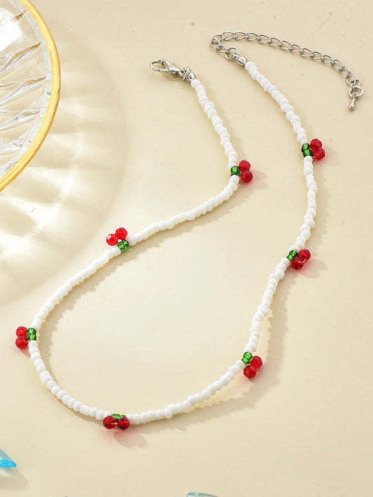 Long Way Summer Rice Beaded Necklace – Fresh Strawberry Cherry Design for Women