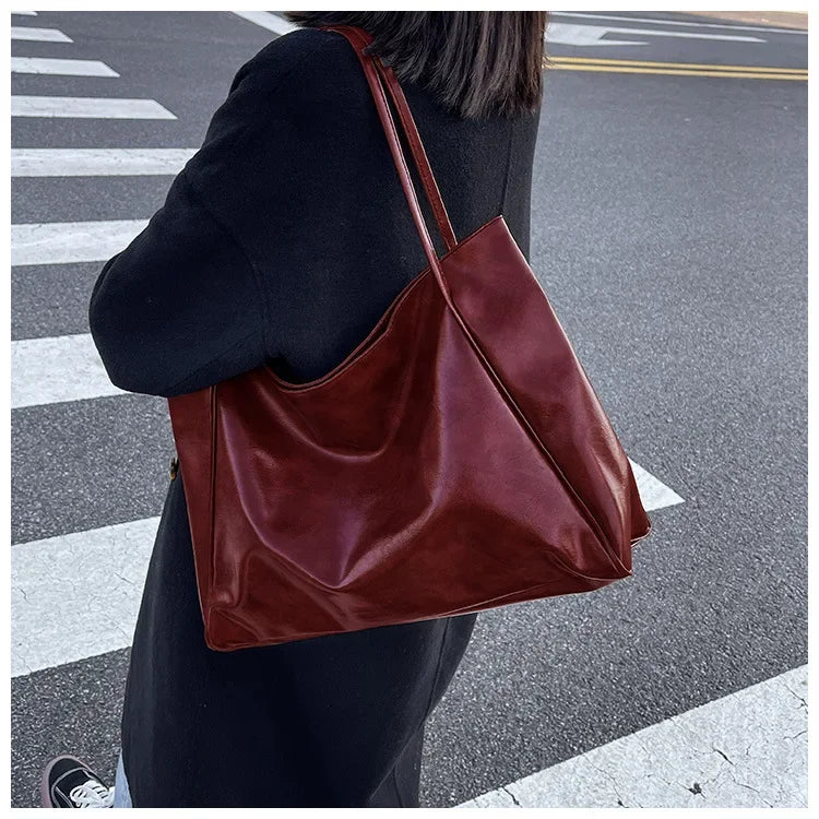 Women’s Retro PU Leather Tote – Large Soft Shoulder/Crossbody Bucket Bag