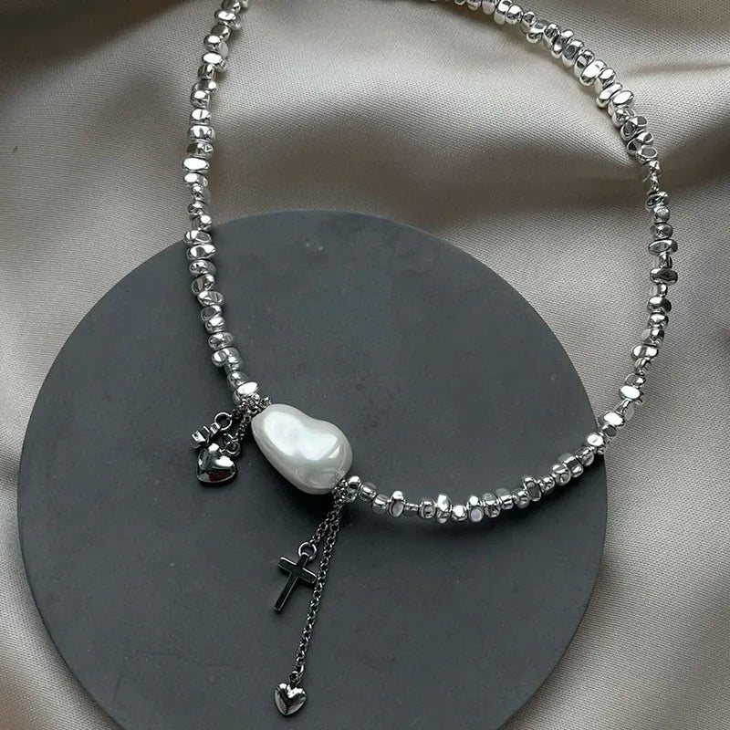 Elegant Irregular CCB & Pink Stone Beads Heart Pendant Necklace – Women’s Choker for Dinner & Valentine’s