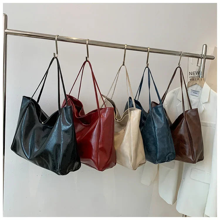 Women’s Retro PU Leather Tote – Large Soft Shoulder/Crossbody Bucket Bag