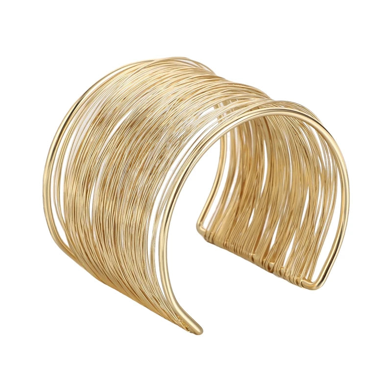 Gold Wide Cuff Bangle – Open Wire Wrap Bracelet for Women