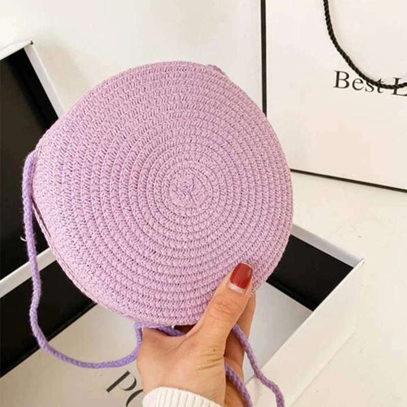 Round Straw Woven Beach Crossbody Bag – Cute Rattan Shoulder Handbag for Women