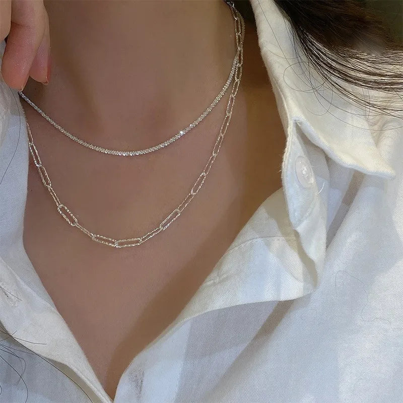 Silver Sparkling Clavicle Chain Necklace – Trendy Korean Wedding Party Jewelry for Women