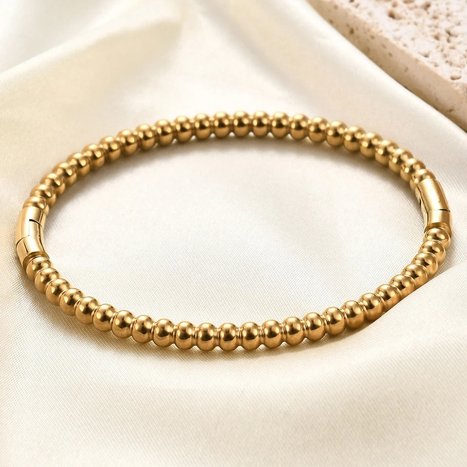 Stainless Steel Golden Bead Bracelet – Adjustable Women’s Fashion Jewelry