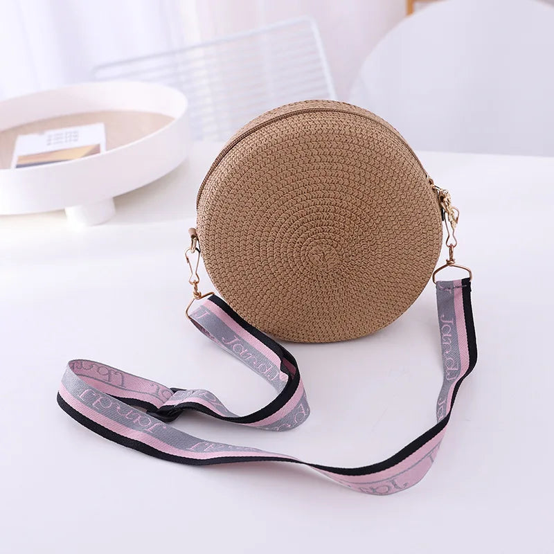 Round Straw Woven Beach Crossbody Bag – Cute Rattan Shoulder Handbag for Women