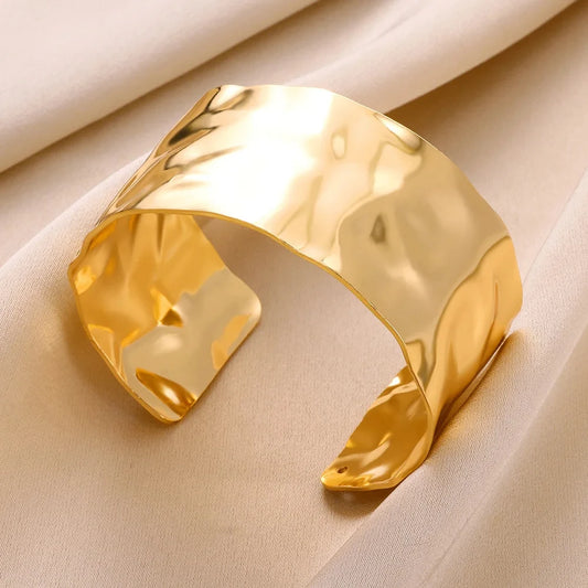 Gold Stainless Steel Cuff Bangle – Classic Bump Pattern Bracelet for Women
