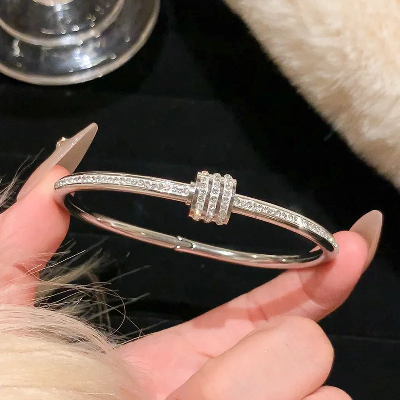 Titanium Steel Silver Bracelet with Zircon – Classic Stainless Steel Jewelry for Women