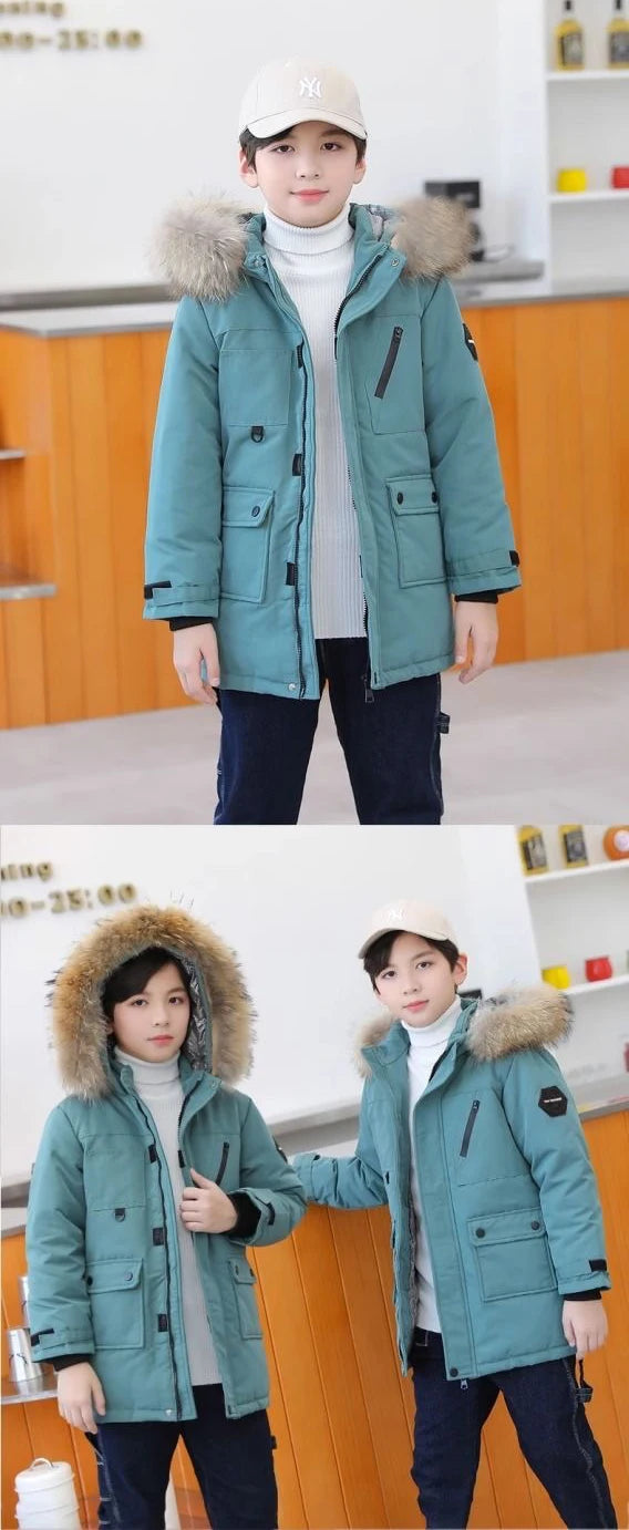 Winter Boys Hooded Jacket – Warm Thicken Fur Collar Zipper Outerwear 5–14Y