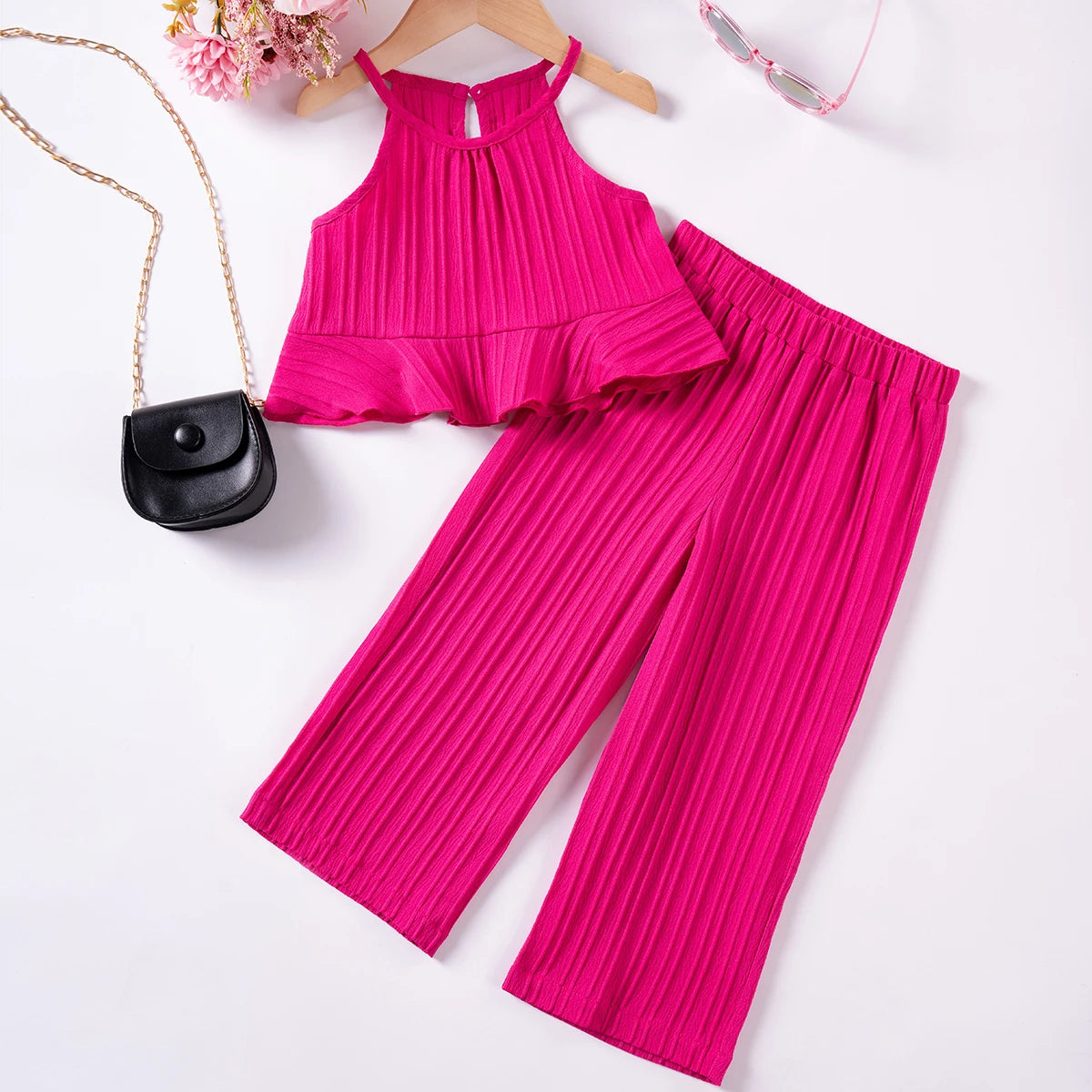 Girls Solid Color Suspenders Dress Set – Ruffles Top & Wide Leg Pants, Elegant Summer Outfit